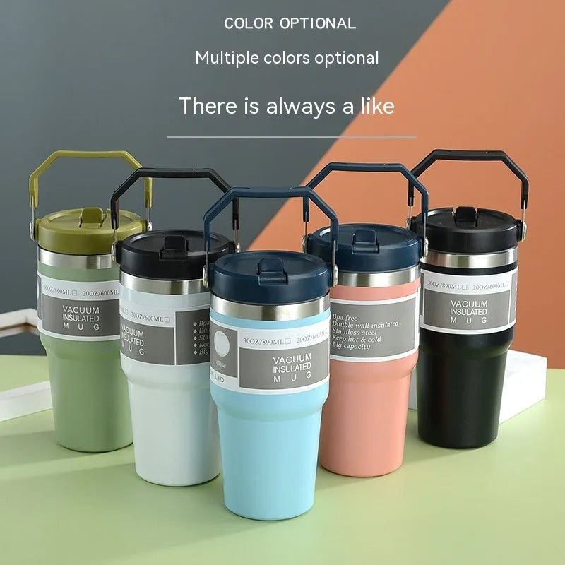 30oz stainless steel travel tumbler with handle and sliding lid in dark pink colour