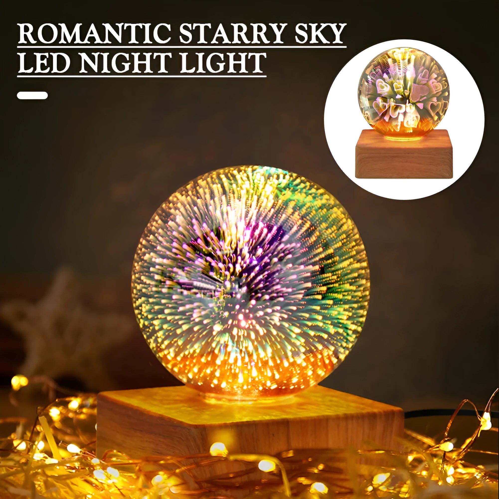 Spherical crystal ball night light with USB plug showing starry sky pattern illumination