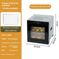 Stainless steel fruit dehydrator with visual skylight, 6 trays, LED control panel showing temperature settings