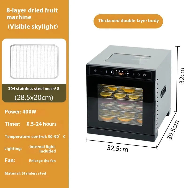Stainless steel fruit dehydrator with visual skylight, 6 trays, LED control panel showing temperature settings