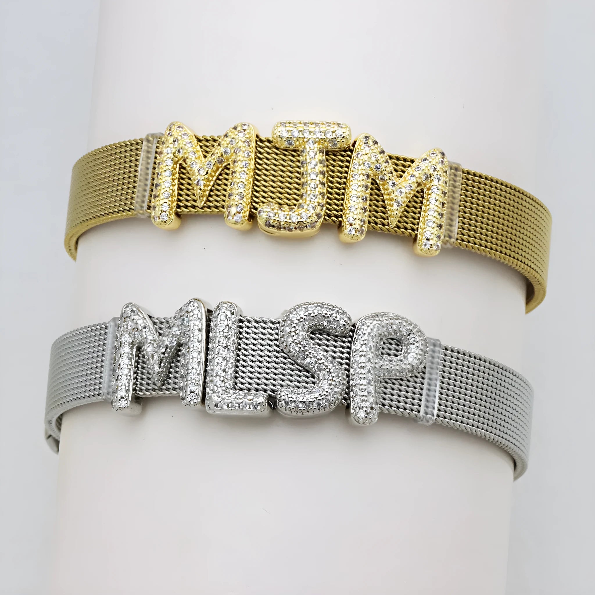Retro copper letter bracelet with zircon inlay showing gold finish and letter A pendant