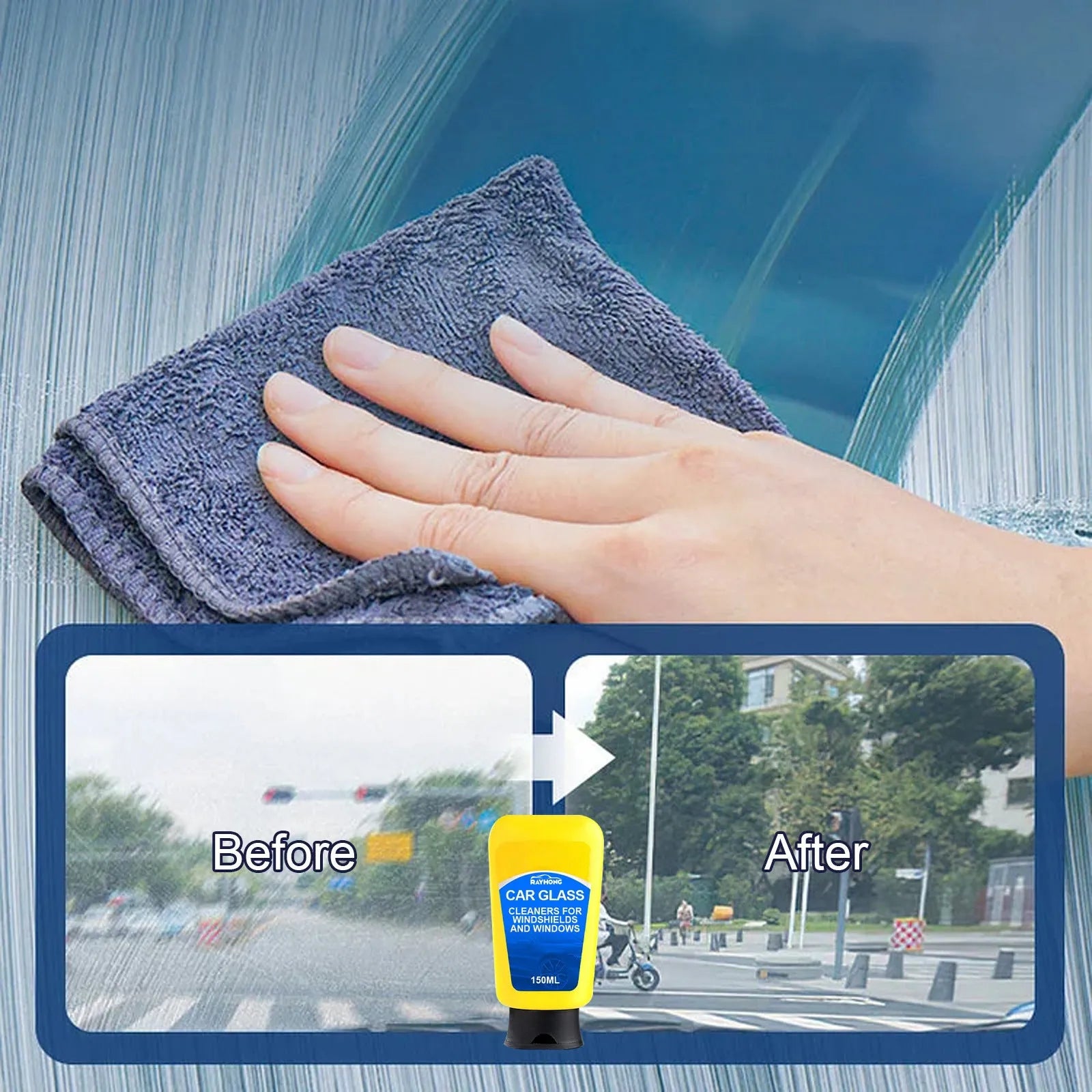 150ml car windscreen detergent bottle with application sponge and microfibre cleaning cloth.