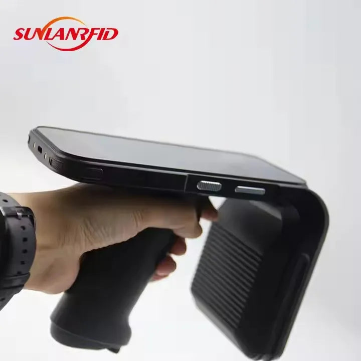 SLP-05 handheld UHF RFID scanner with 5-inch touchscreen showing inventory data, measuring 165x80x25mm