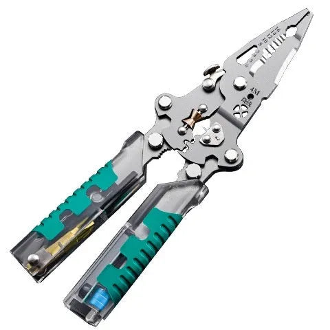 Electricians pliers with wire stripper function showing pointed shape and rust-resistant cutting edges