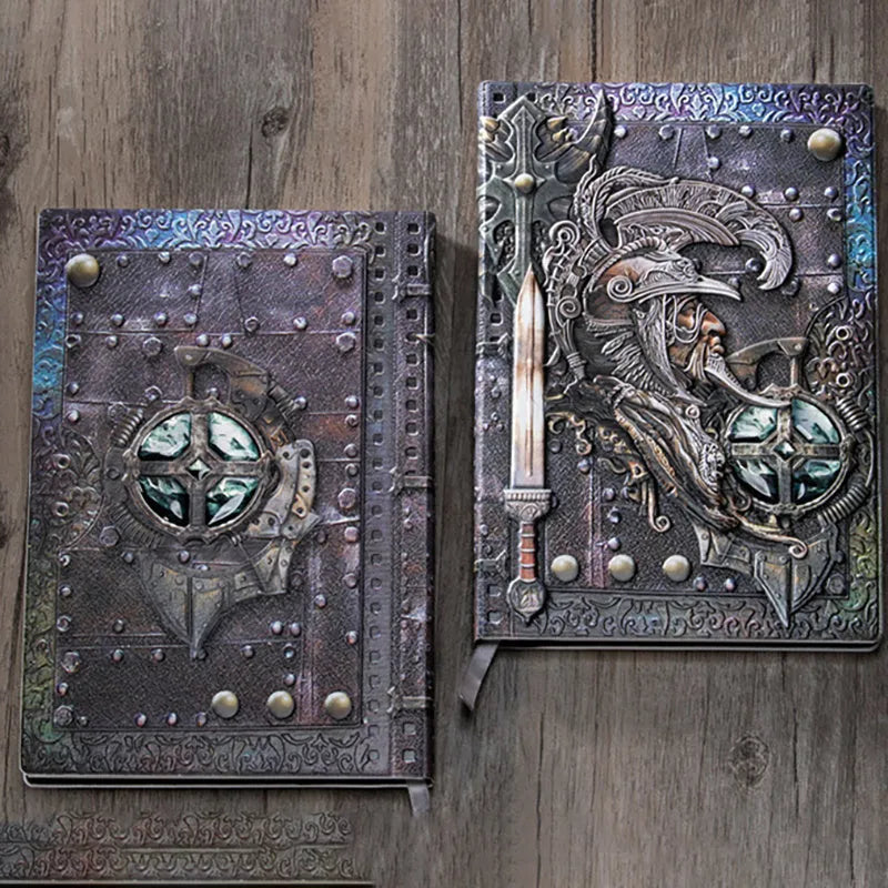 Creative Retro 3D Warriors Relief A5 Notebook with leather cover, showing embossed design and 21.5x14.5cm size