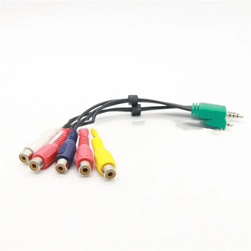 Black 3.5mm and 2.5mm to 5 RCA AV cable, tinned copper, approximately 18cm long