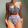 Blue women's high waist push-up bikini swimsuit with polyester fabric for swimming activities