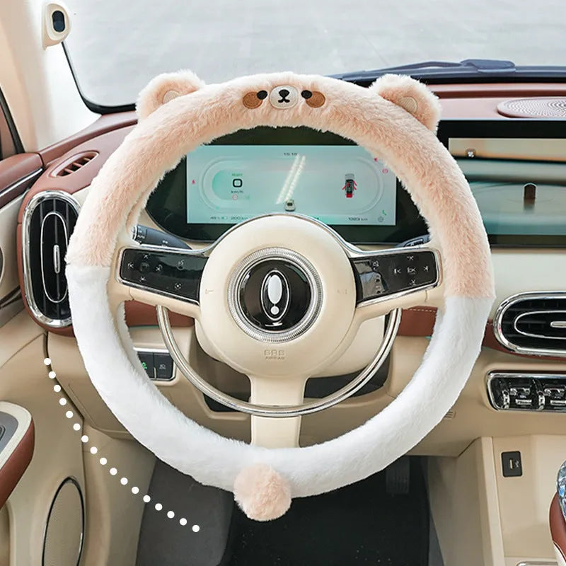 Plush thermal steering wheel cover with embroidered animal design for winter driving comfort