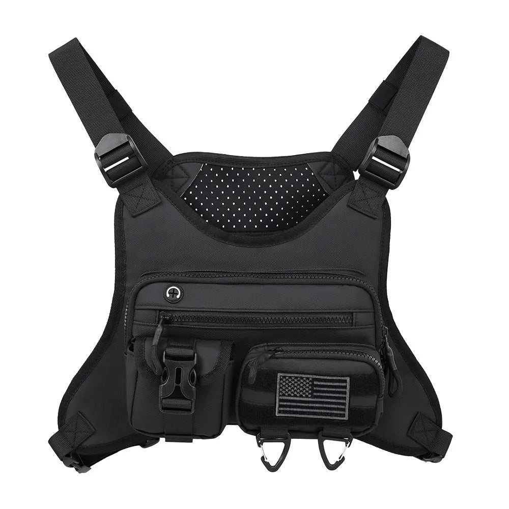 Oxford cloth outdoor sports chest bag with visible sewing lines, shown in black colour option worn across chest
