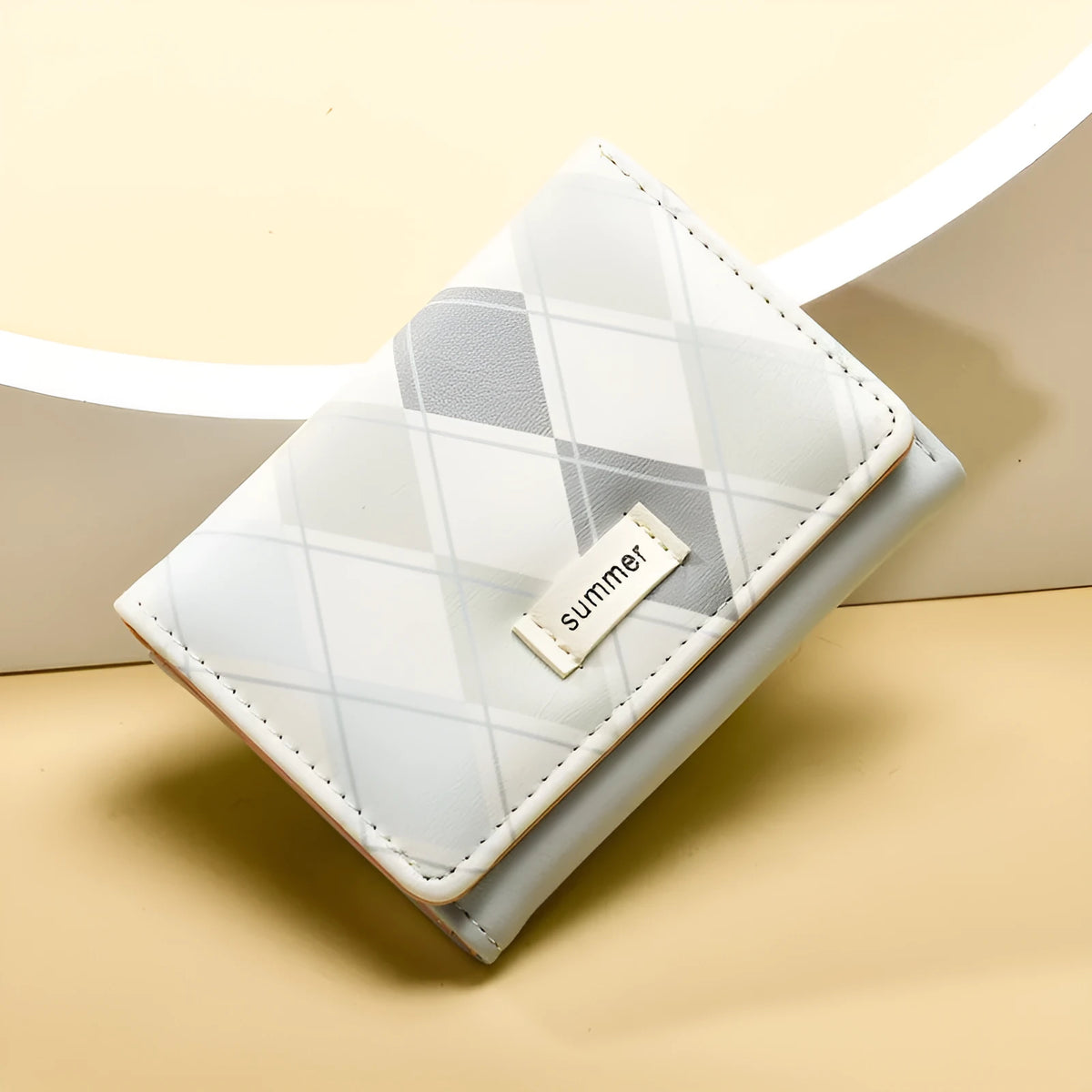 Women's short folding wallet in PU leather with geometric plaid pattern, horizontal square shape, available in pink, yellow or blue