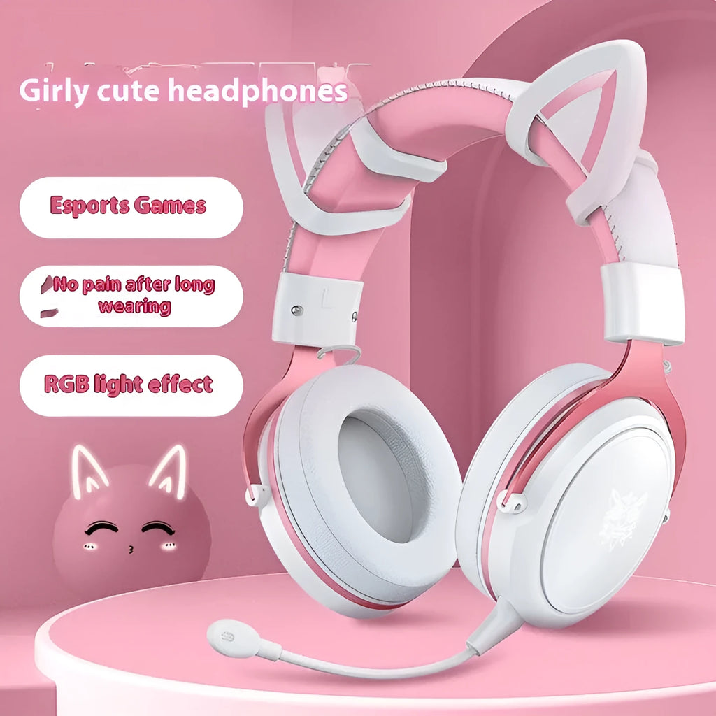 White cat ear wired gaming headset with 3.5mm plug, 50mm drivers, and 2.2m braided cable