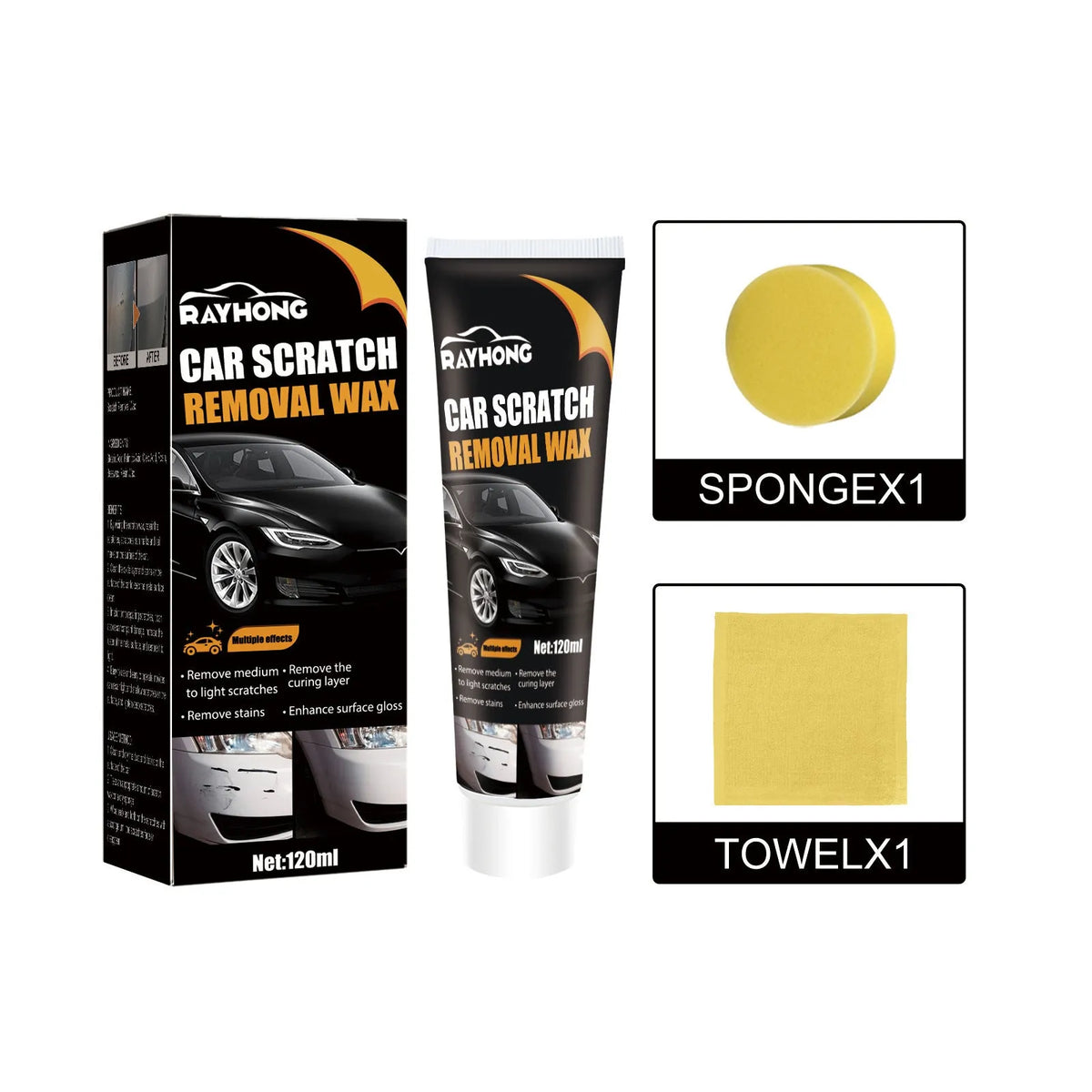 Car paint scratch repair wax kit showing 120ml tube, application sponge, and buffing towel on a clean surface.
