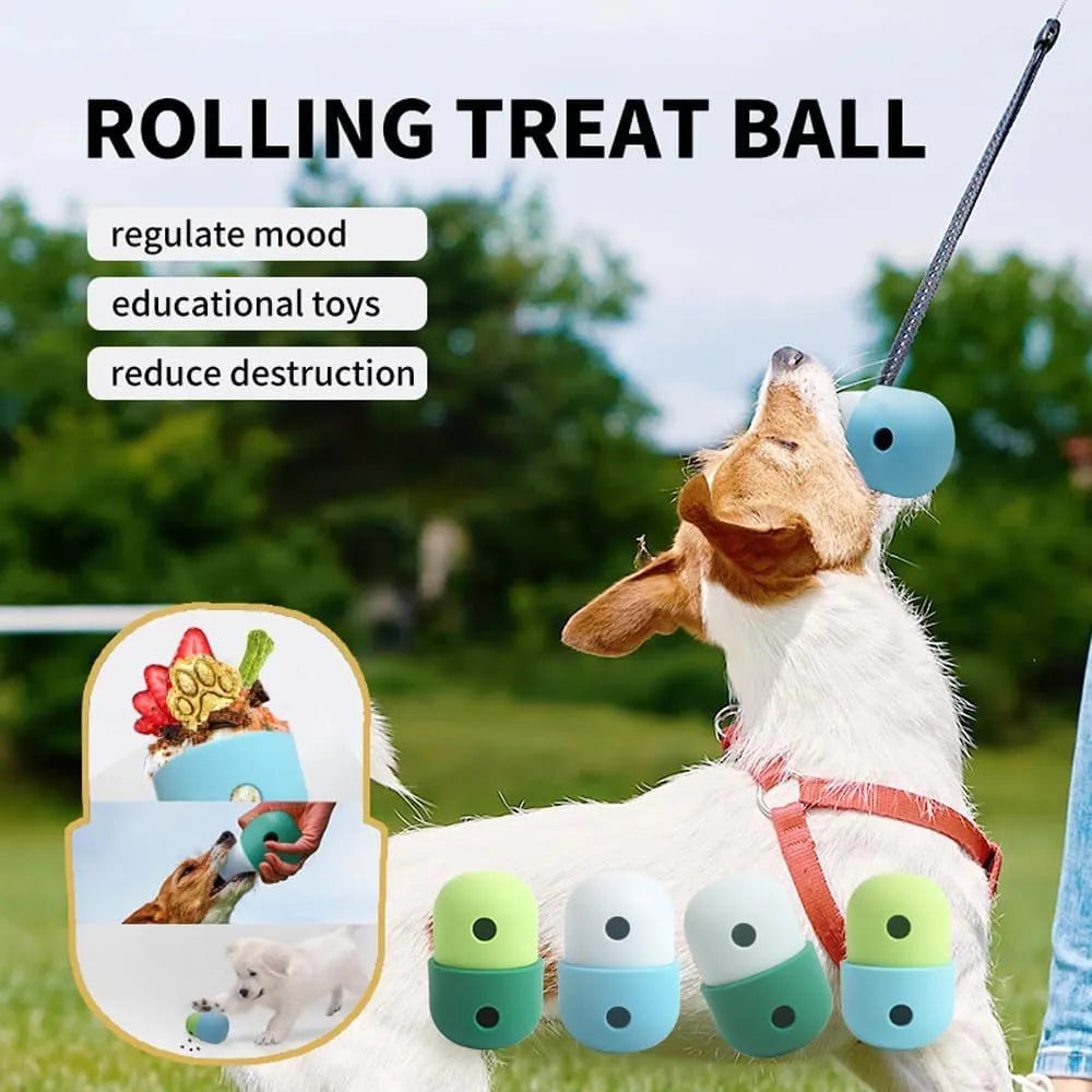 White and blue dog treat puzzle ball on floor, 8cm diameter, for interactive play with small dogs
