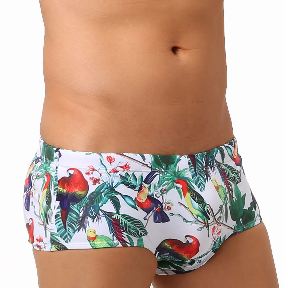 Men's swimming trunks with flower-bird print pattern in nylon small boxer style