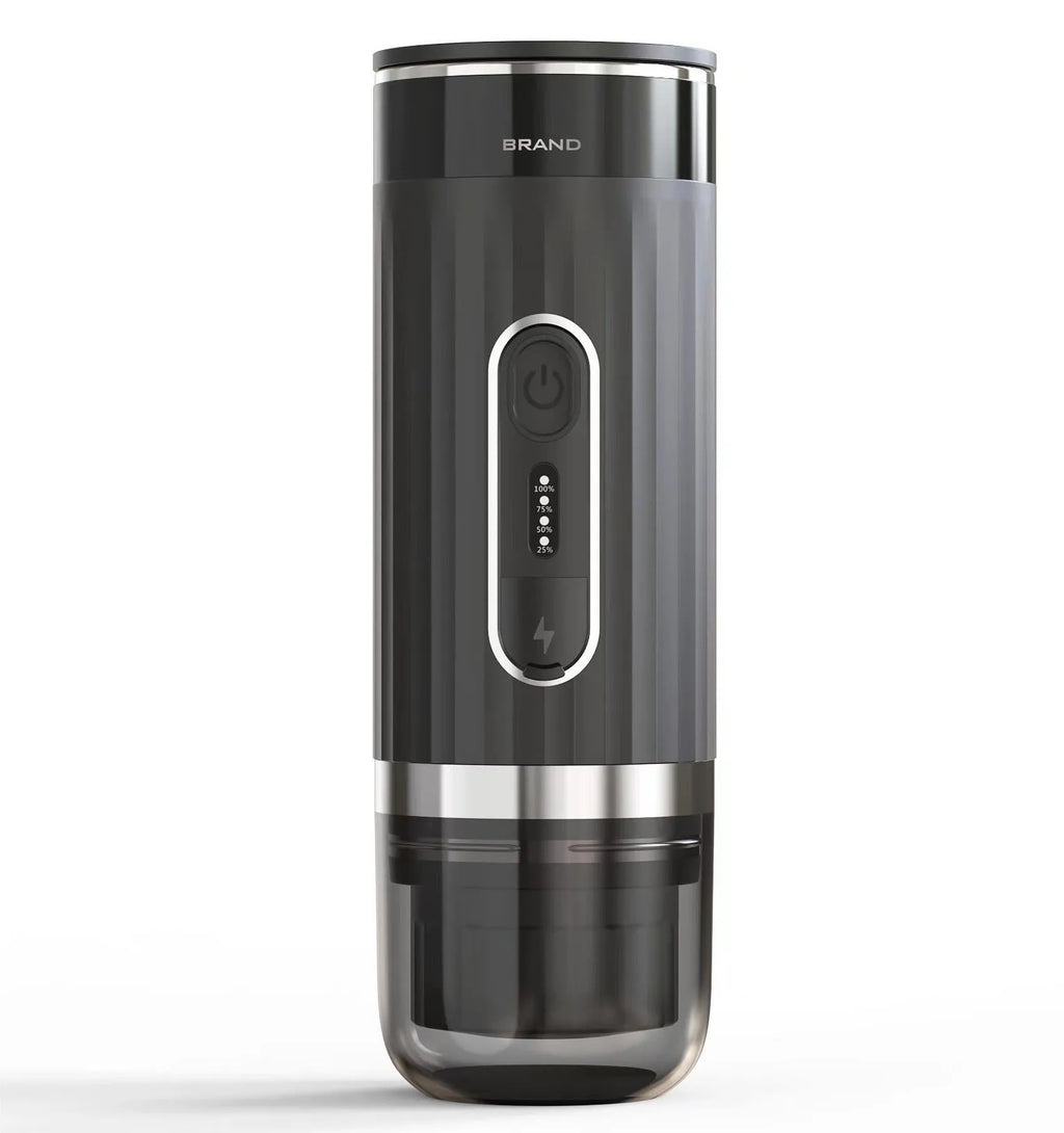 Black portable coffee machine with K-cup slot and removable water tank, dimensions 20cm x 15cm x 10cm