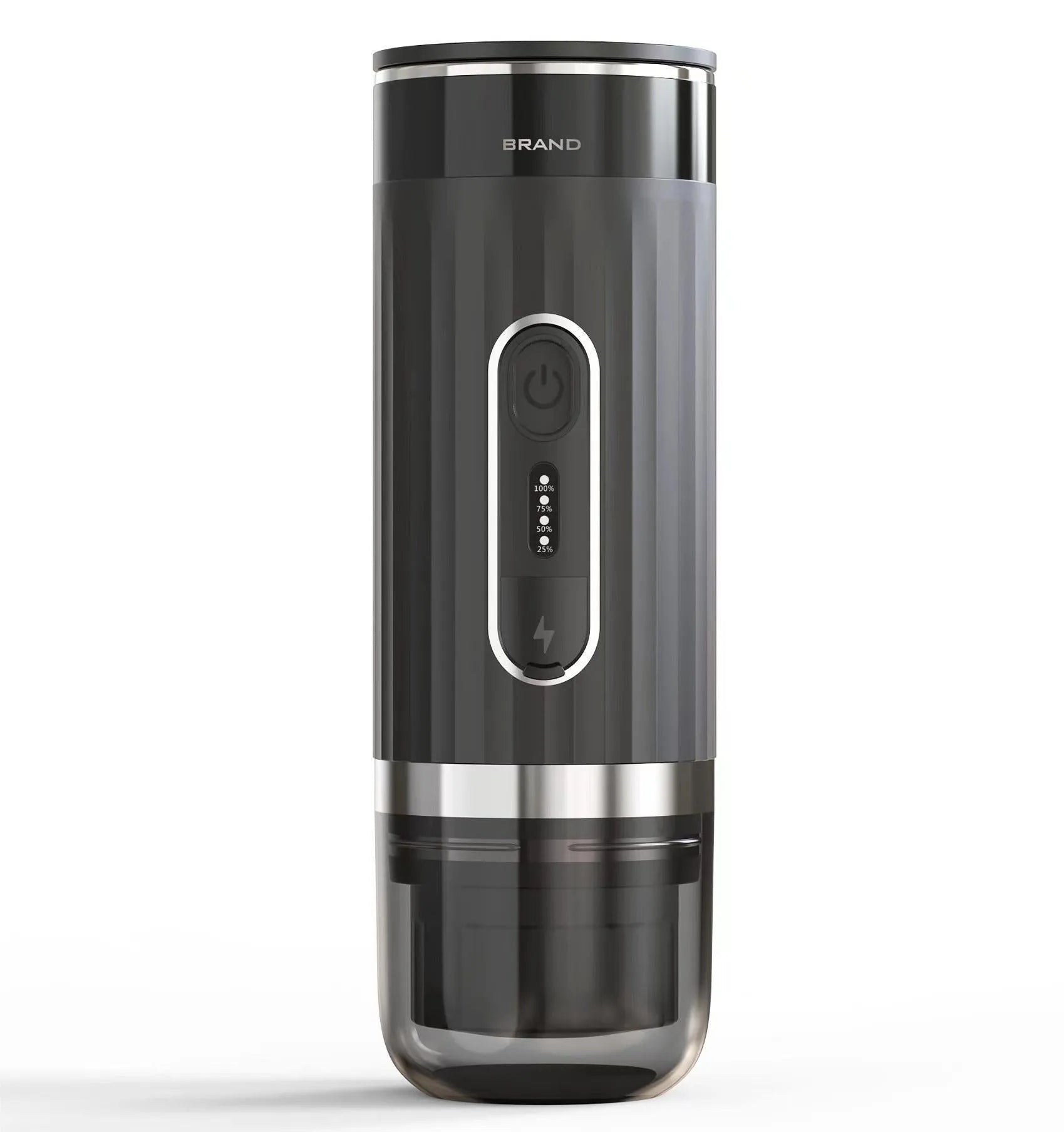 Black portable coffee machine with K-cup slot and removable water tank, dimensions 20cm x 15cm x 10cm