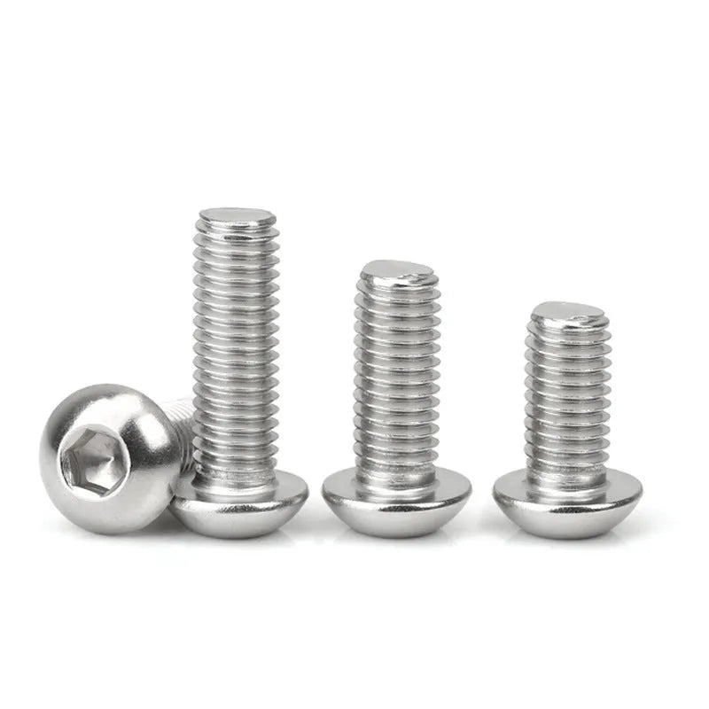 Stainless steel semicircular head hex socket screw with A2-70 grade, shown alongside a hex key.