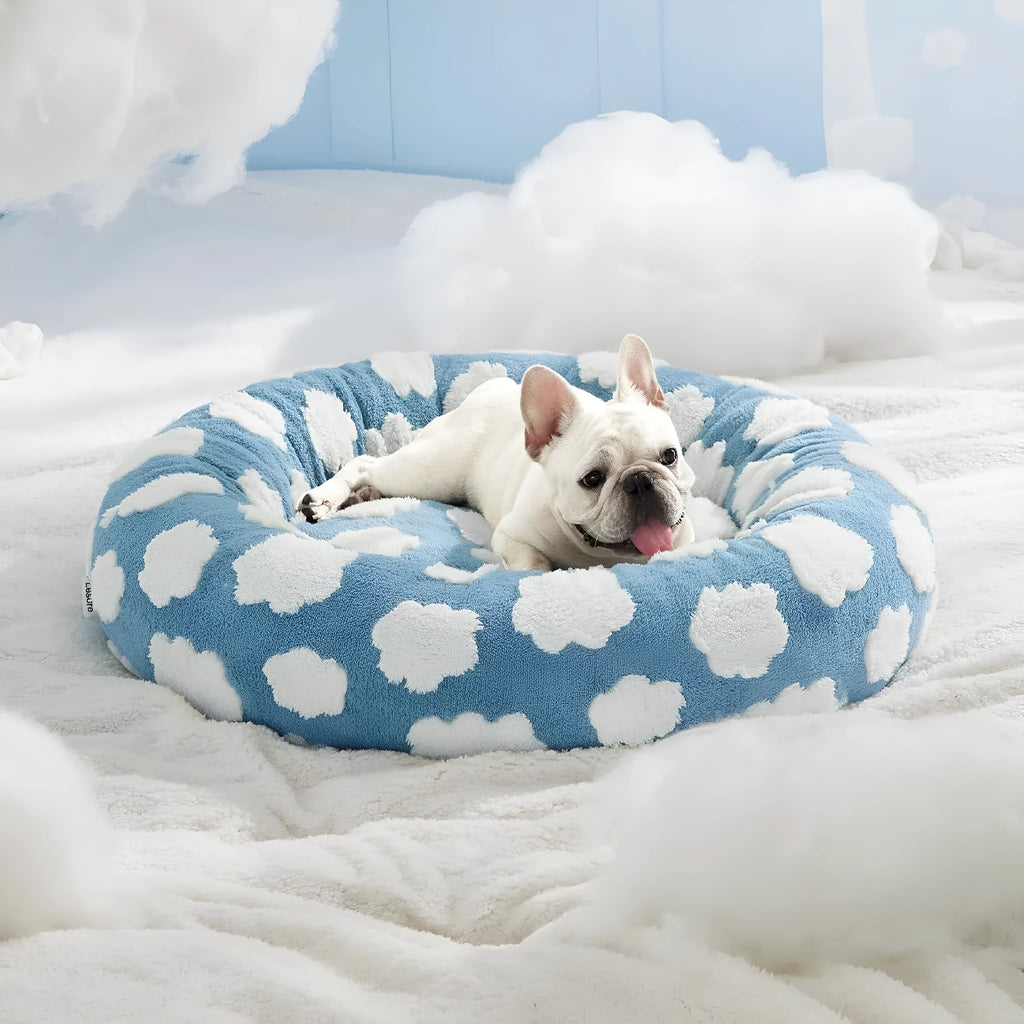 Round plastic dog bed with a blue and white plaid removable cover, shown in a 60x60cm size.