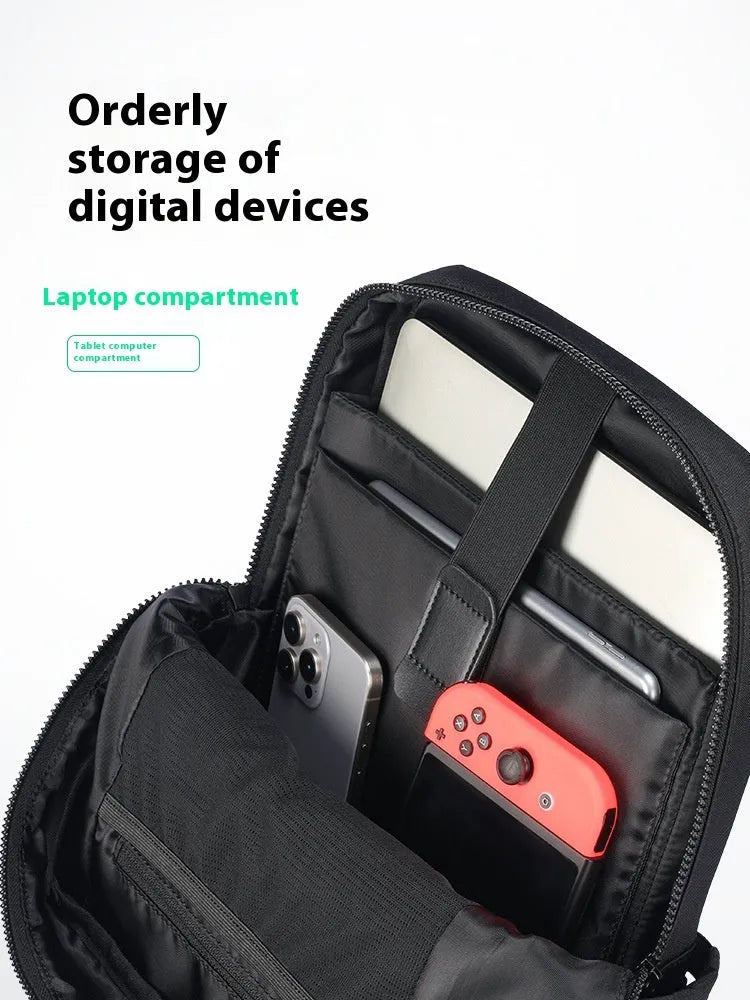 Elegant black Oxford cloth computer backpack showing 20-35 litre capacity
