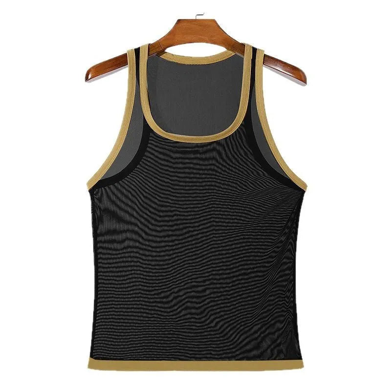 Men's black mesh fitness vest with straight hem design for sports wear