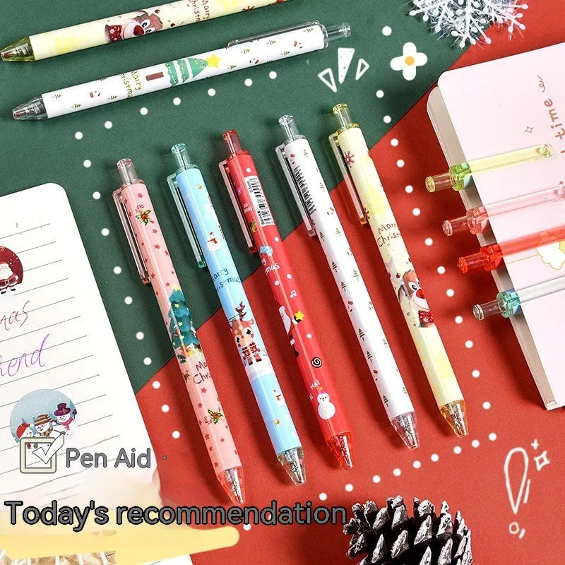 Christmas cartoon design gel pen set with six black ballpoint pens in plastic case