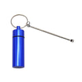 Blue aluminium portable pill box with attached spoon and keychain.