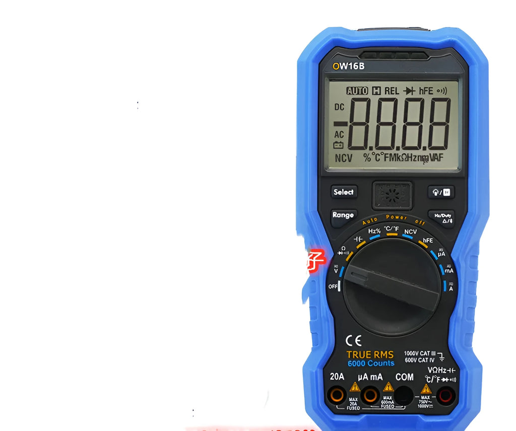 Handheld digital multimeter with LCD display, test leads, and NCV non-contact voltage sensor.