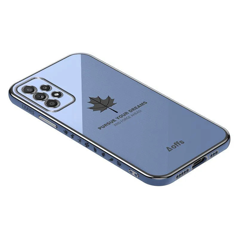 Straight edge electroplating TPU phone case with maple leaf design for Samsung, shown in white, black, lavender grey, mint green, and grass purple.
