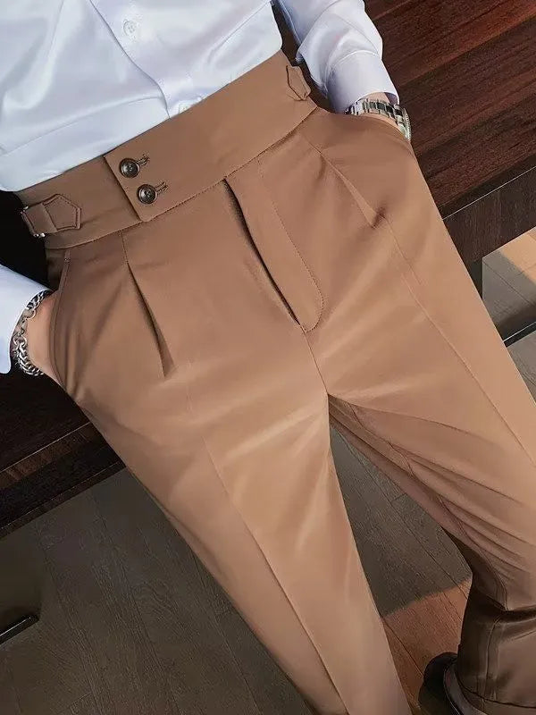 Autumn retro style high waist straight-leg casual trousers in a solid colour.
