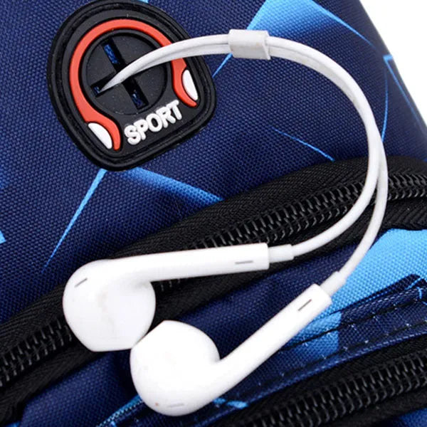 Men's crossbody chest sling bag in blue with earphone hole, zipper pockets, and soft handle, measuring 17x30x5cm