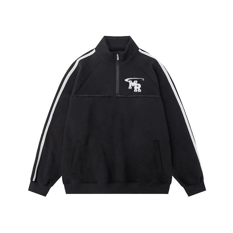 Black stand collar polyester hoodie with American retro style and Hong Kong design elements for sports wear