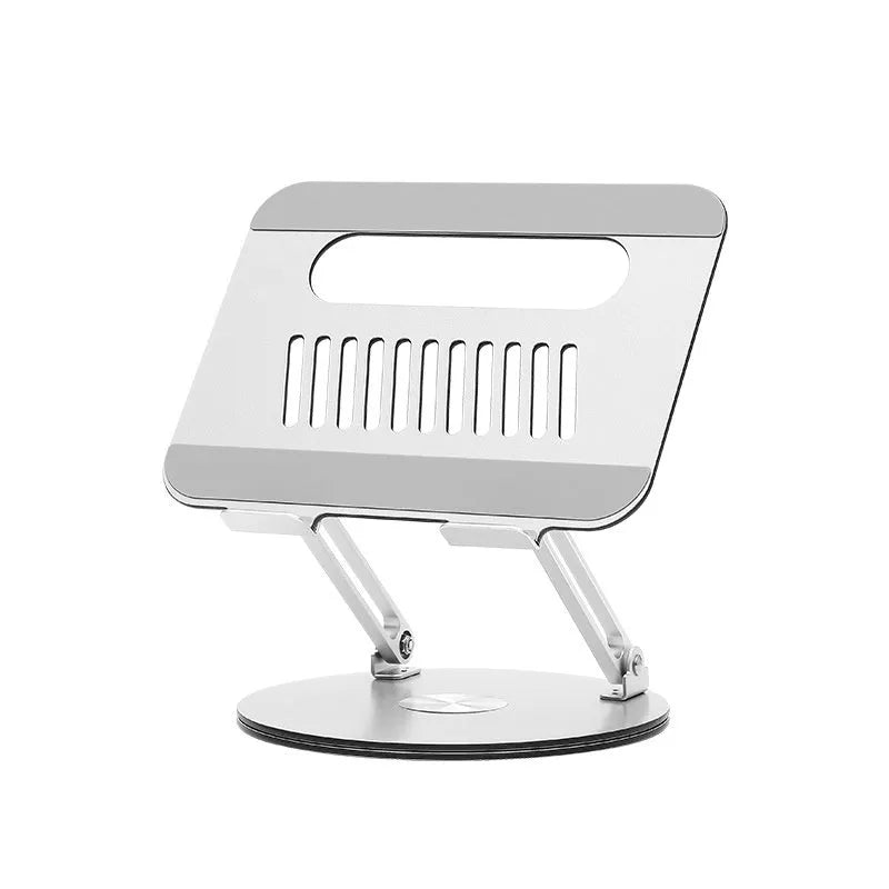 Silver aluminium alloy laptop stand folded flat showing dimensions and rotatable hinge mechanism