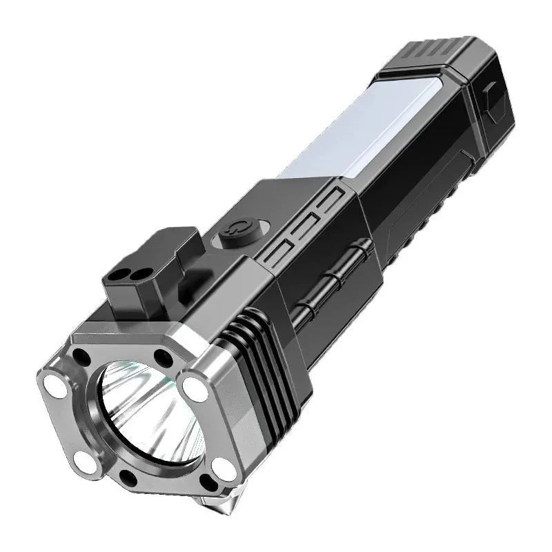 Silver portable power bank flashlight with LED light and IP44 rating for outdoor use.