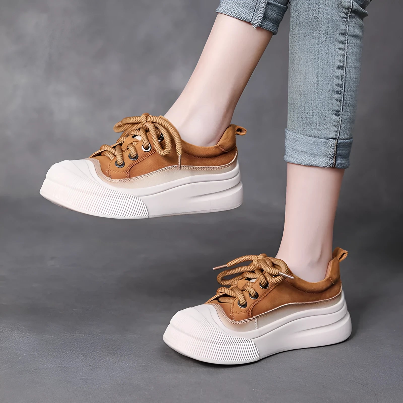 Women's yellow full grain cow leather lace-up casual shoes with round toe and rubber sole.