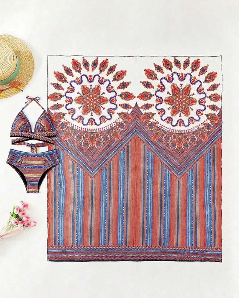 Women's three-piece swimsuit set with cutout blouse, high-waist pants, and coordinating coat in polyester fabric