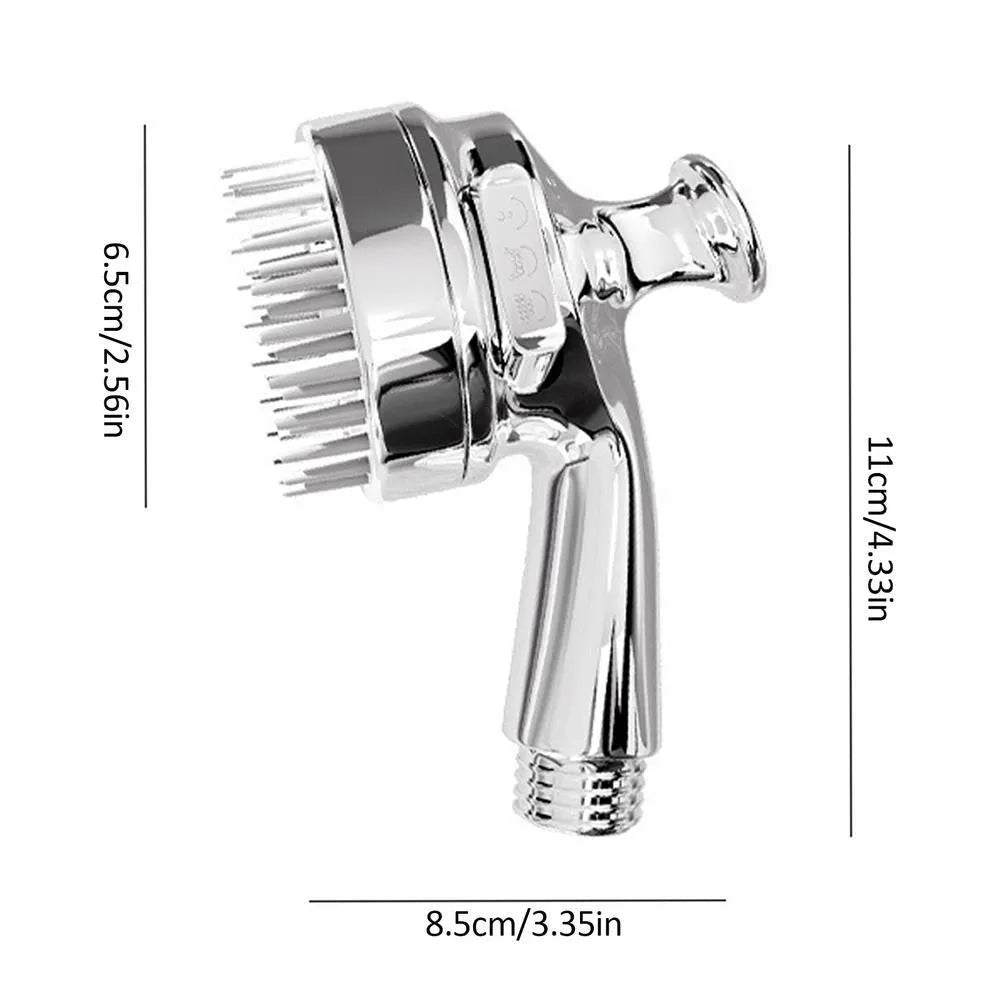 Silver dog shower attachment with silicone comb teeth and ergonomic grip for bath time