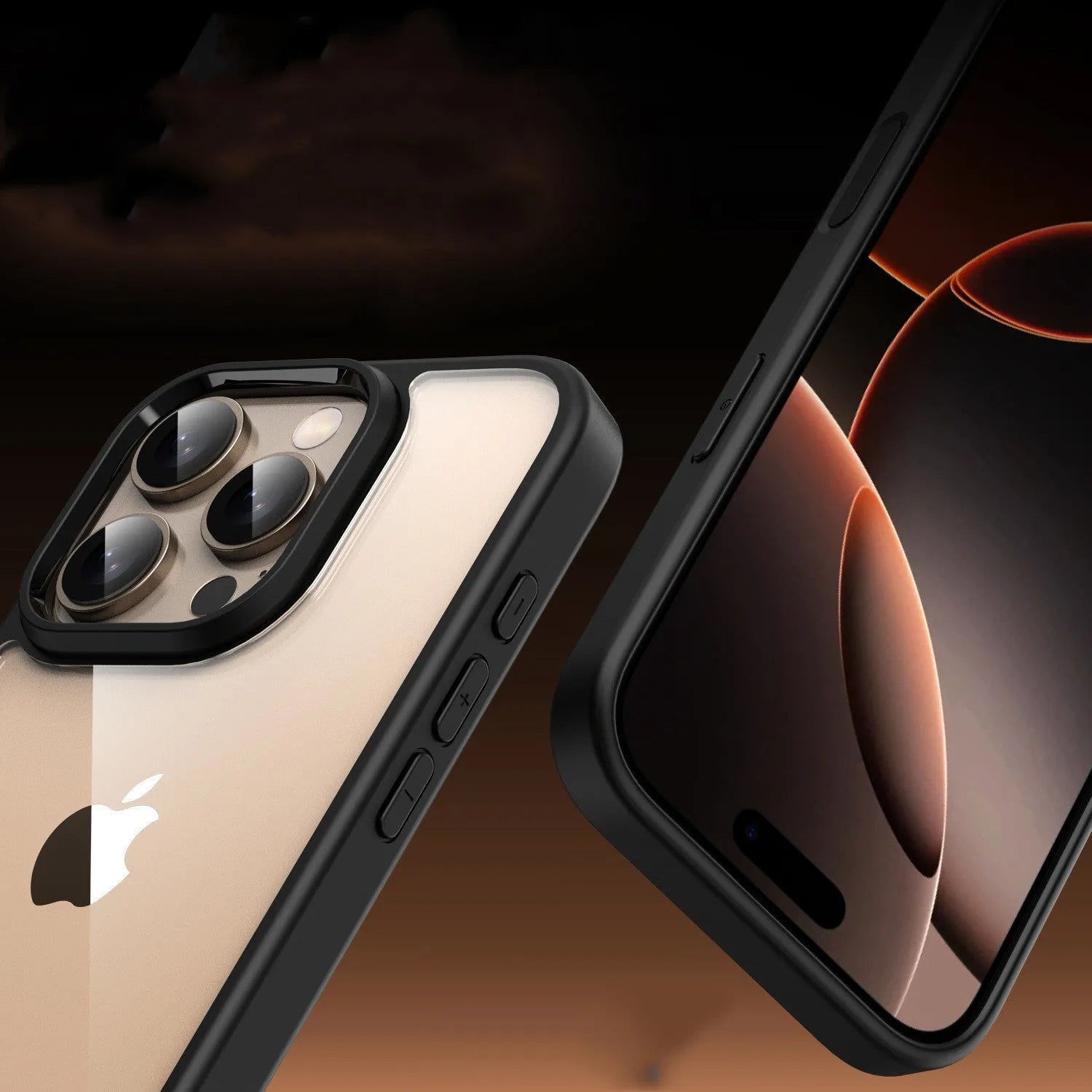 Clear black magnetic protective case for iPhone 16 with visible airbag corners on a white background.
