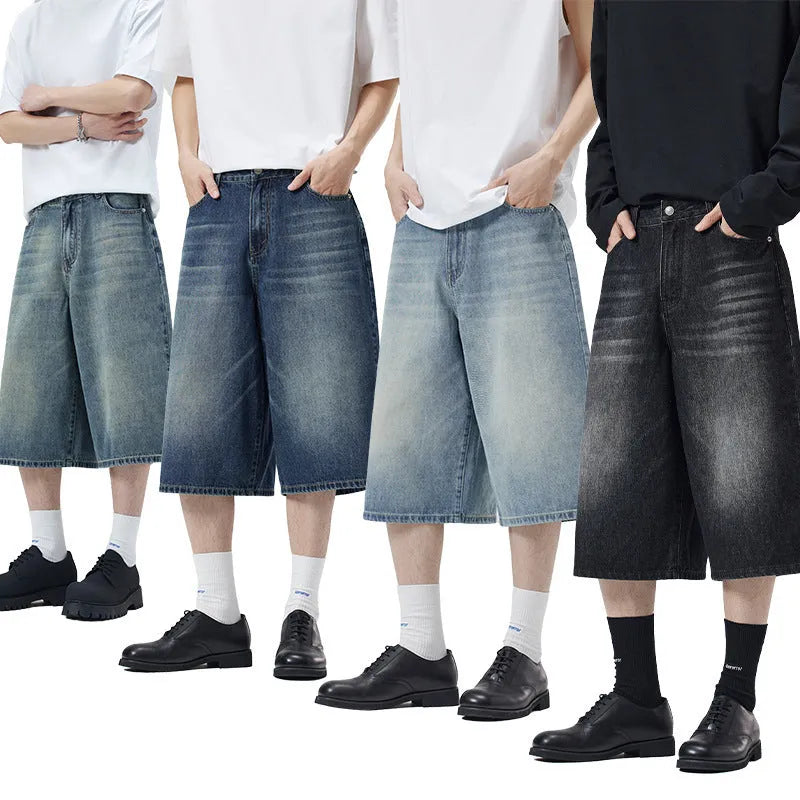 Men's cropped denim shorts in light blue with straight-leg design and five-pocket configuration