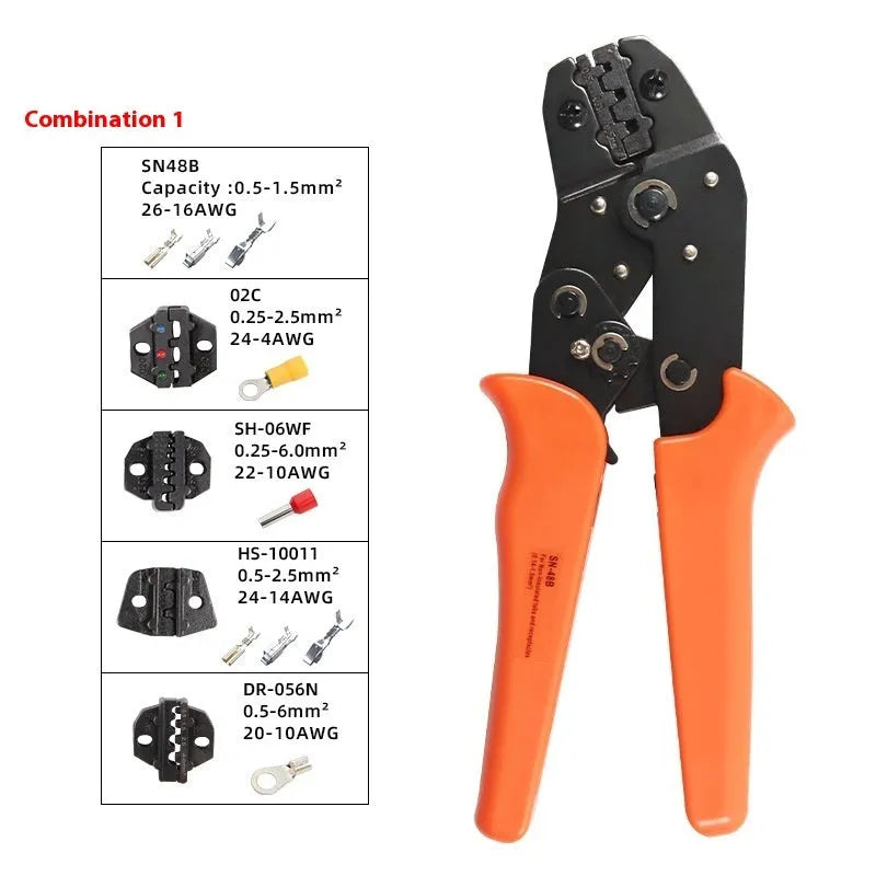 SN-48B portable terminal crimping pliers combination set with multiple jaw tools on a work surface.