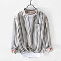 Men's red and grey striped linen shirt with long sleeves in loose fit for spring and summer wear