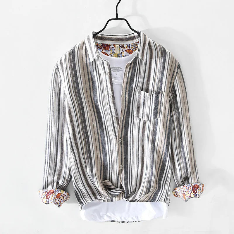 Men's red and grey striped linen shirt with long sleeves in loose fit for spring and summer wear