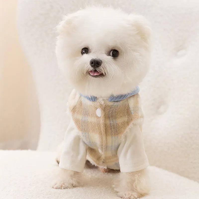 Blue corduroy hooded vest for pets with chessboard grid pattern and adjustable hood for autumn winter wear