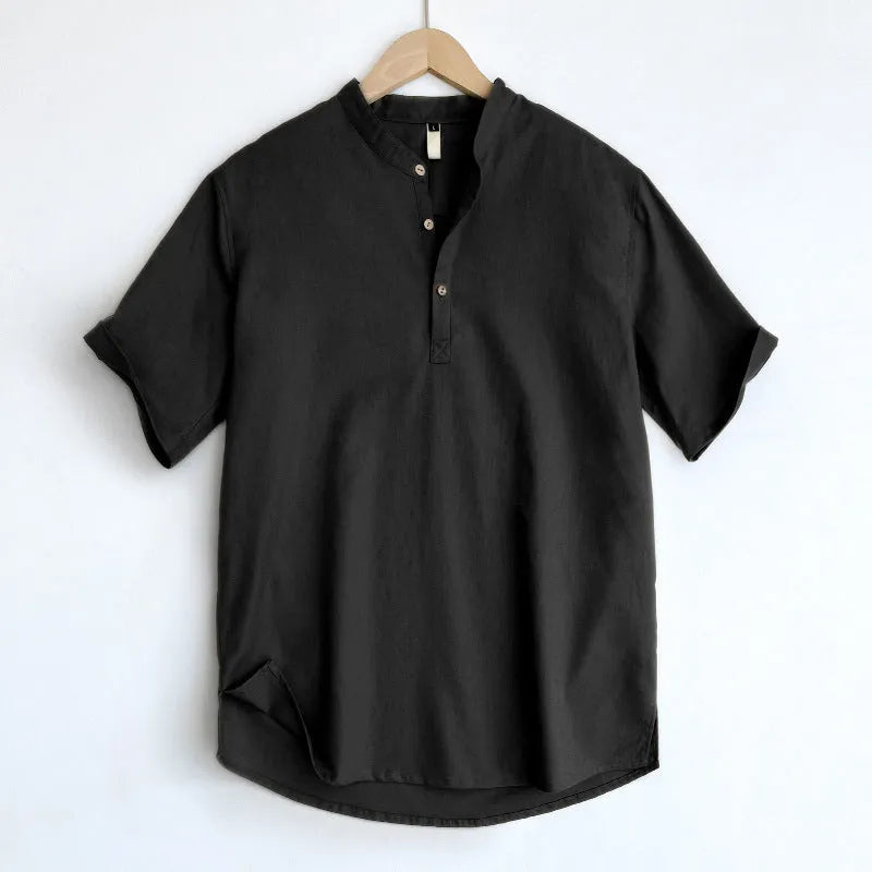 Men's solid colour linen short sleeve t-shirt in black, white, grey green or optic linen options