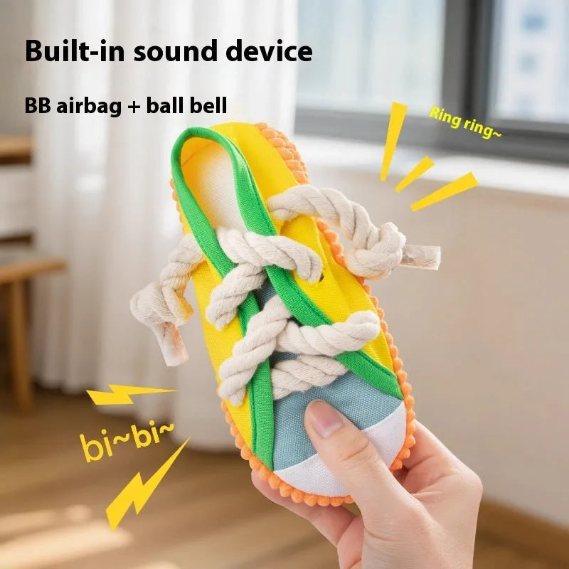 Plastic dog chew toy with bendy design and squeaker in yellow, black, and blue colour options