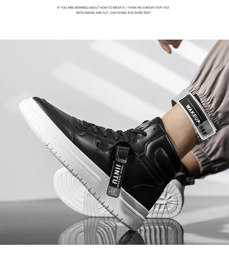 Men's Korean style short boots in artificial PU, shown in black and white, sizes 39 to 44