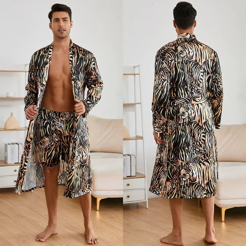 Men's tiger pattern long sleeve bathrobe with matching shorts on a hanger