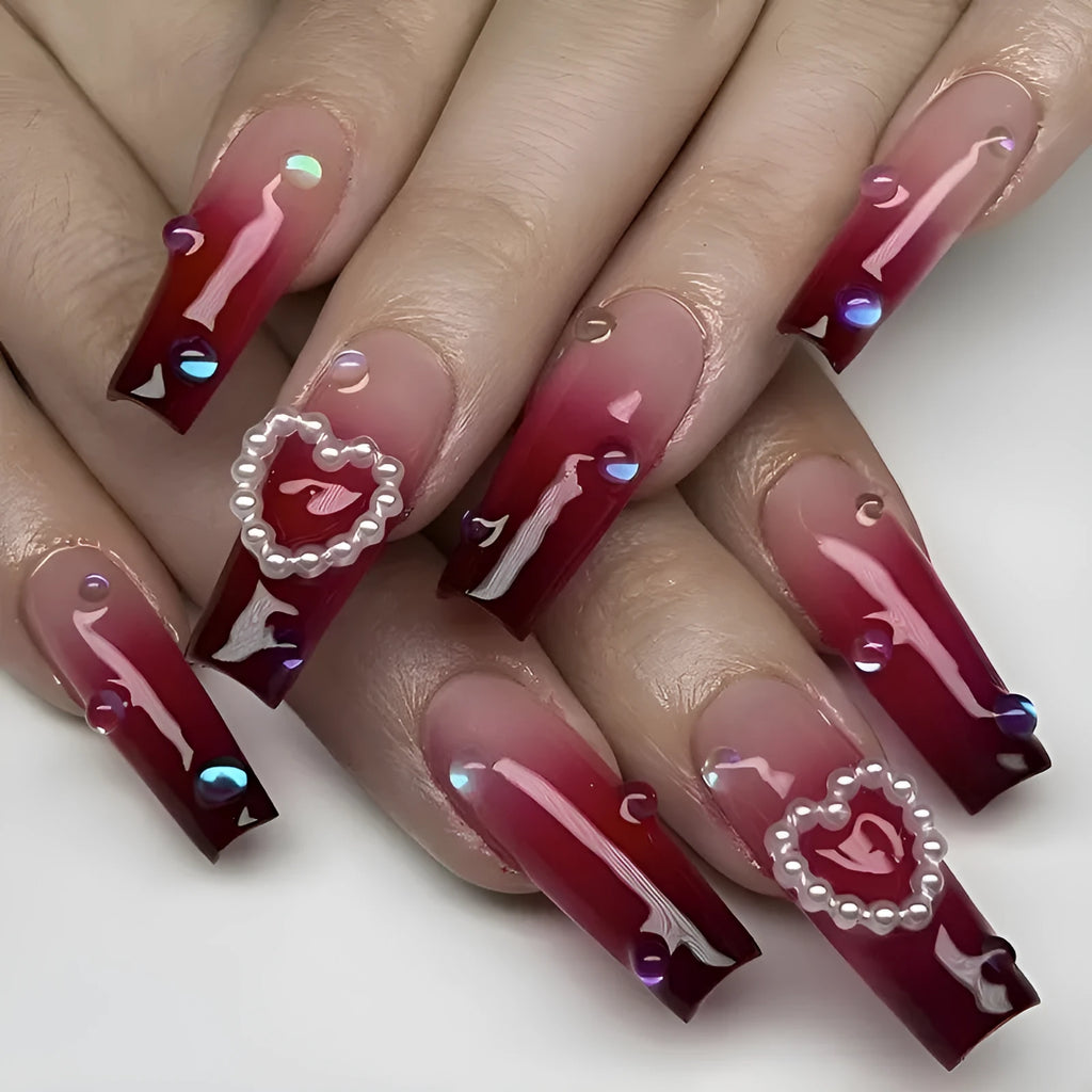 Wine red gradient fake nail tips with plaid heart pattern in long ballet shape