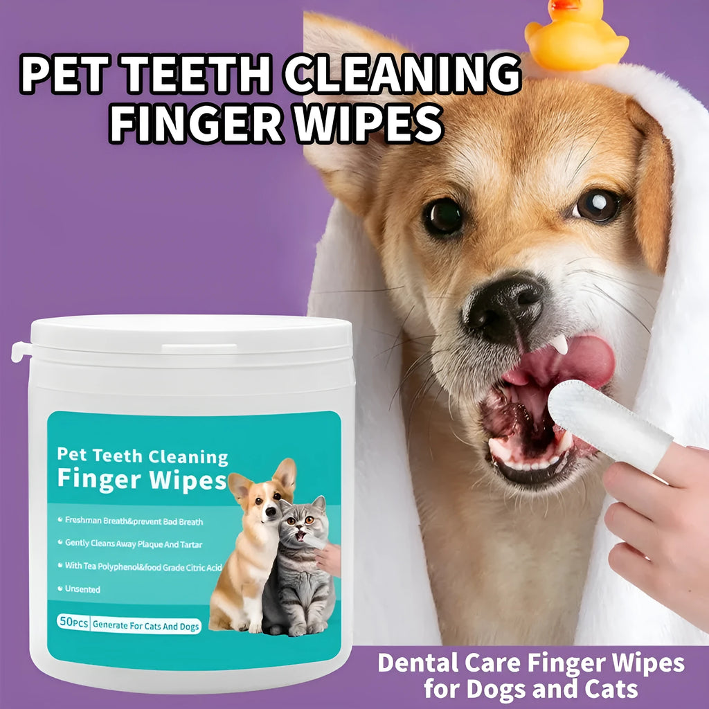 Box of disposable pet cleaning wipes showing ear and tooth wipes with fingertip design for cats and dogs