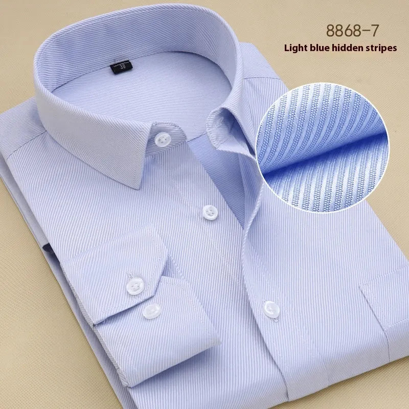 Men's black long sleeve business shirt with slim fit design on hanger showing cardigan style and cotton fabric texture