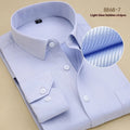 Men's black long sleeve business shirt with slim fit design on hanger showing cardigan style and cotton fabric texture